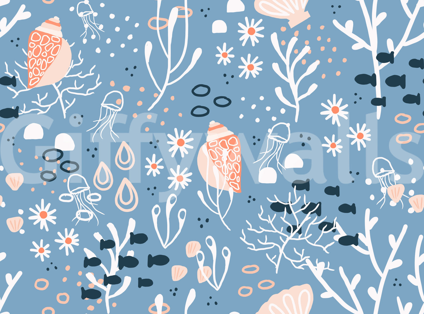 Seaside wallpaper in blue tones with shell artwork and underwater pattern
