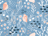 Seaside wallpaper in blue tones with shell artwork and underwater pattern