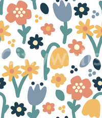 Bell-shaped tulips and round daisies on Playful Meadow wallpaper layout
