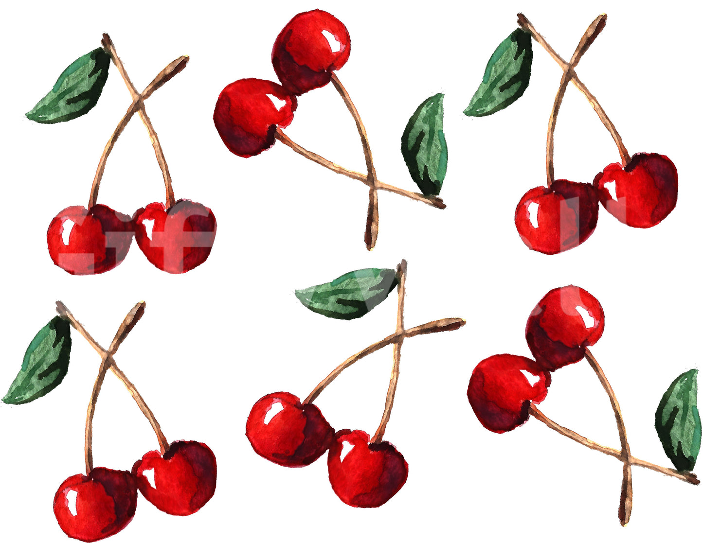 Painted fruit motif spread over the Watercolor Cherries wallpaper backdrop
