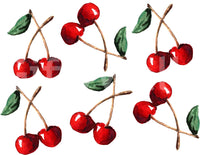 Painted fruit motif spread over the Watercolor Cherries wallpaper backdrop
