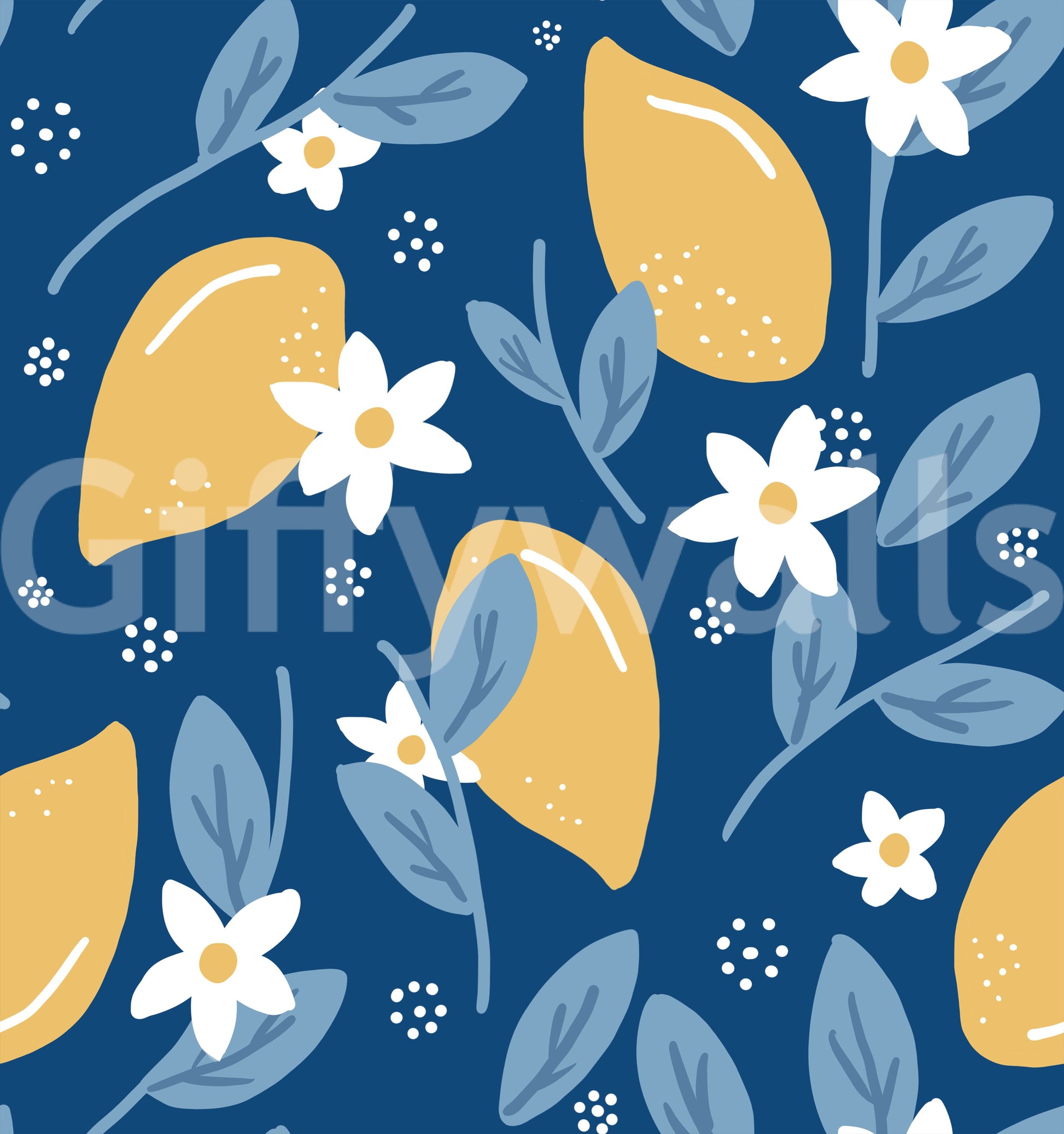 Bright lemon clusters across Lemon Orchard navy wallpaper 