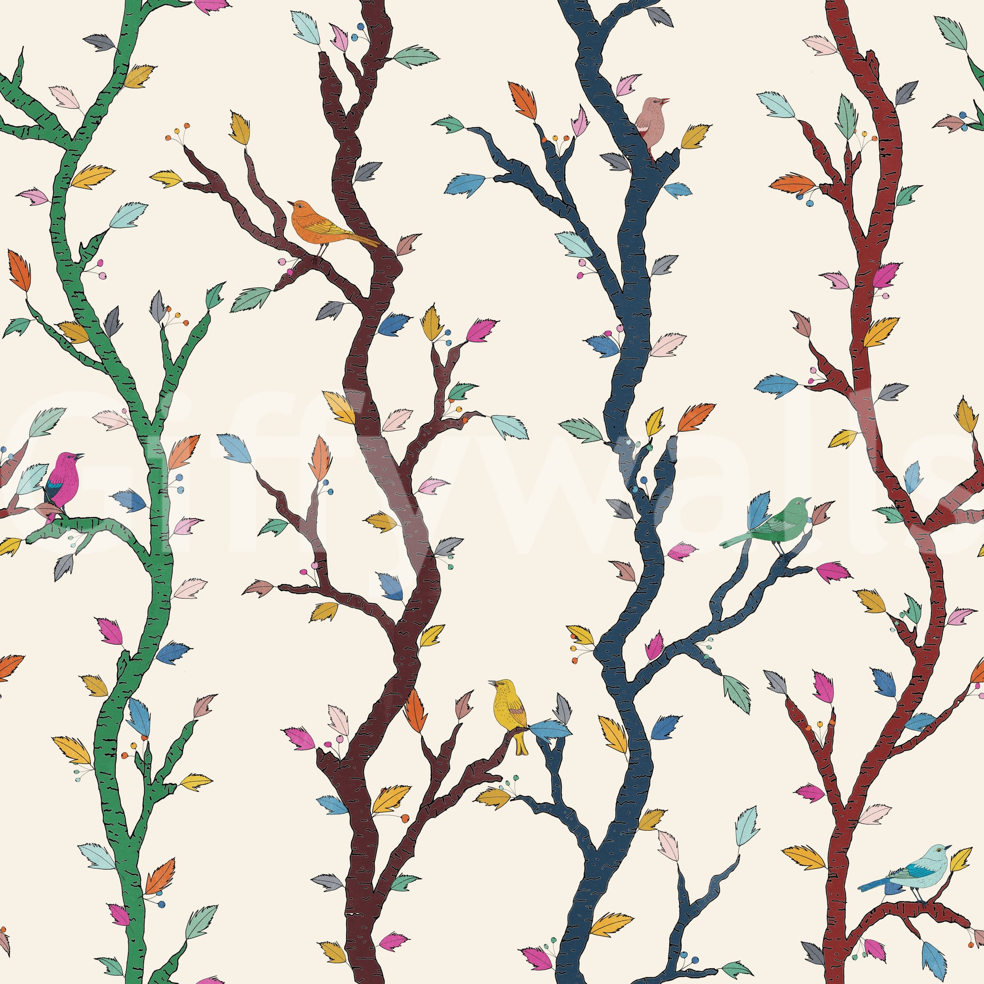 Curved branch lines shape this bird wallpaper with a fun forest pattern