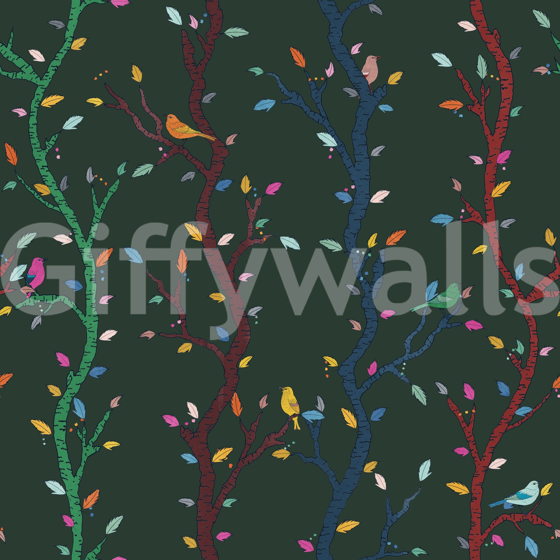Woodland birds wallpaper featuring scattered leaves and hand-drawn branches
