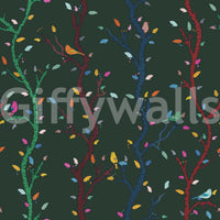 Woodland birds wallpaper featuring scattered leaves and hand-drawn branches