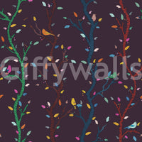 Fine tree forms define this Fuchsia Woodland Wallpaper with colorful accents