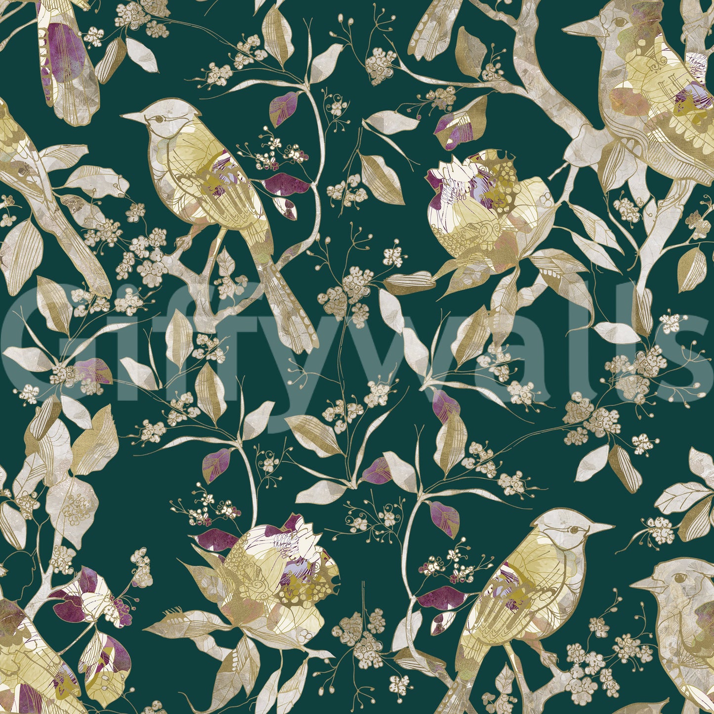 Bird pattern wallpaper with cream leaves and muted berry accents
