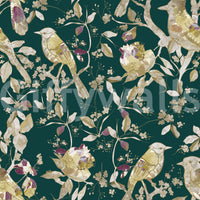 Bird pattern wallpaper with cream leaves and muted berry accents