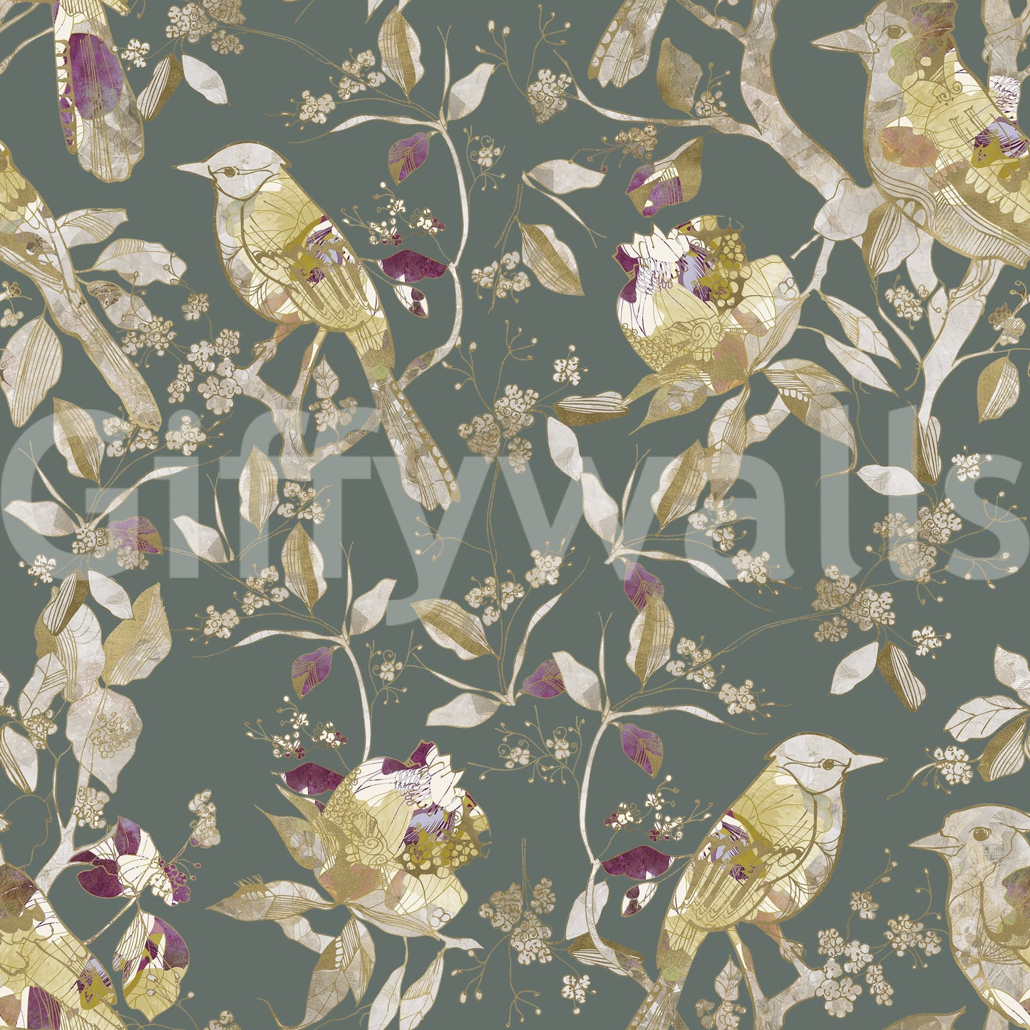 Sage Green Botanical Bird Wallpaper
