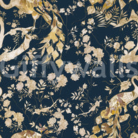 This Peacock Blossom Wallpaper features gold-toned accents on teal