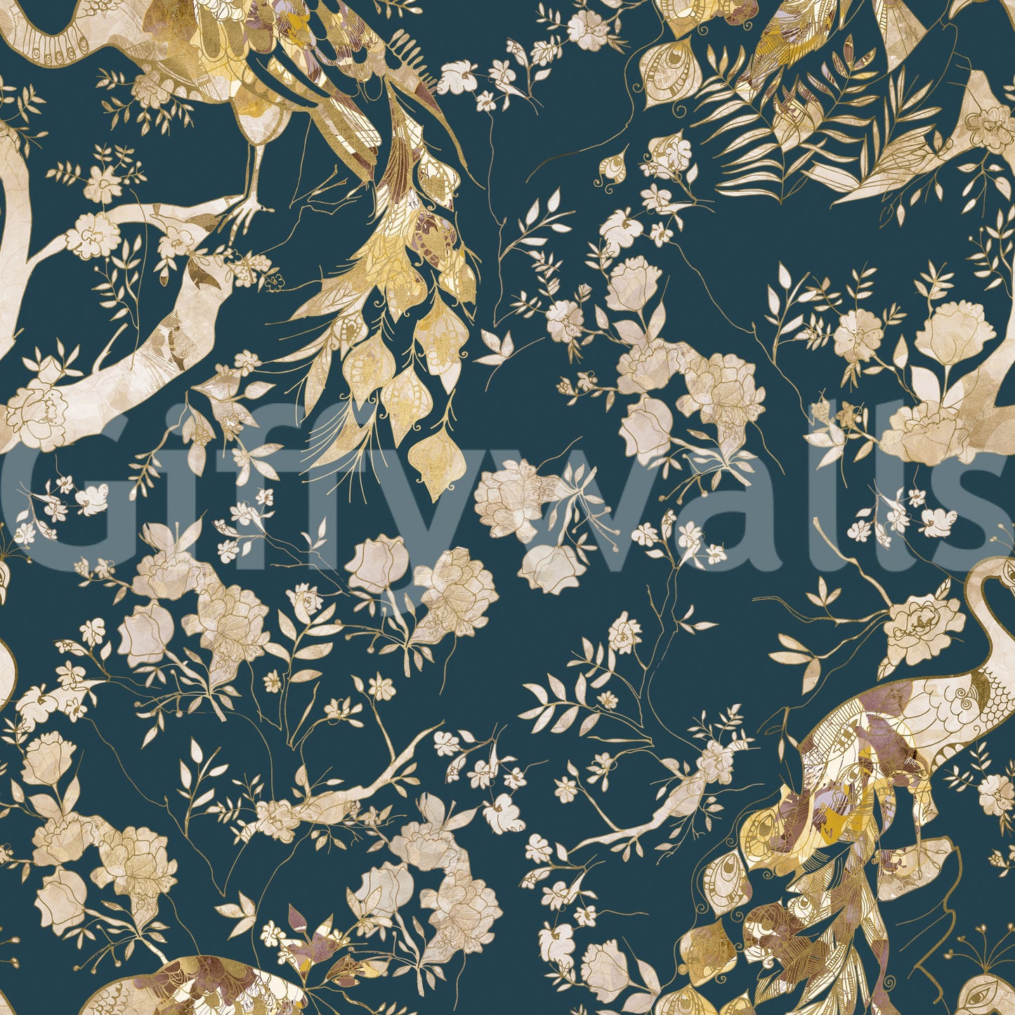 Delicate blossoms frame this dark bird wallpaper with a classic feel