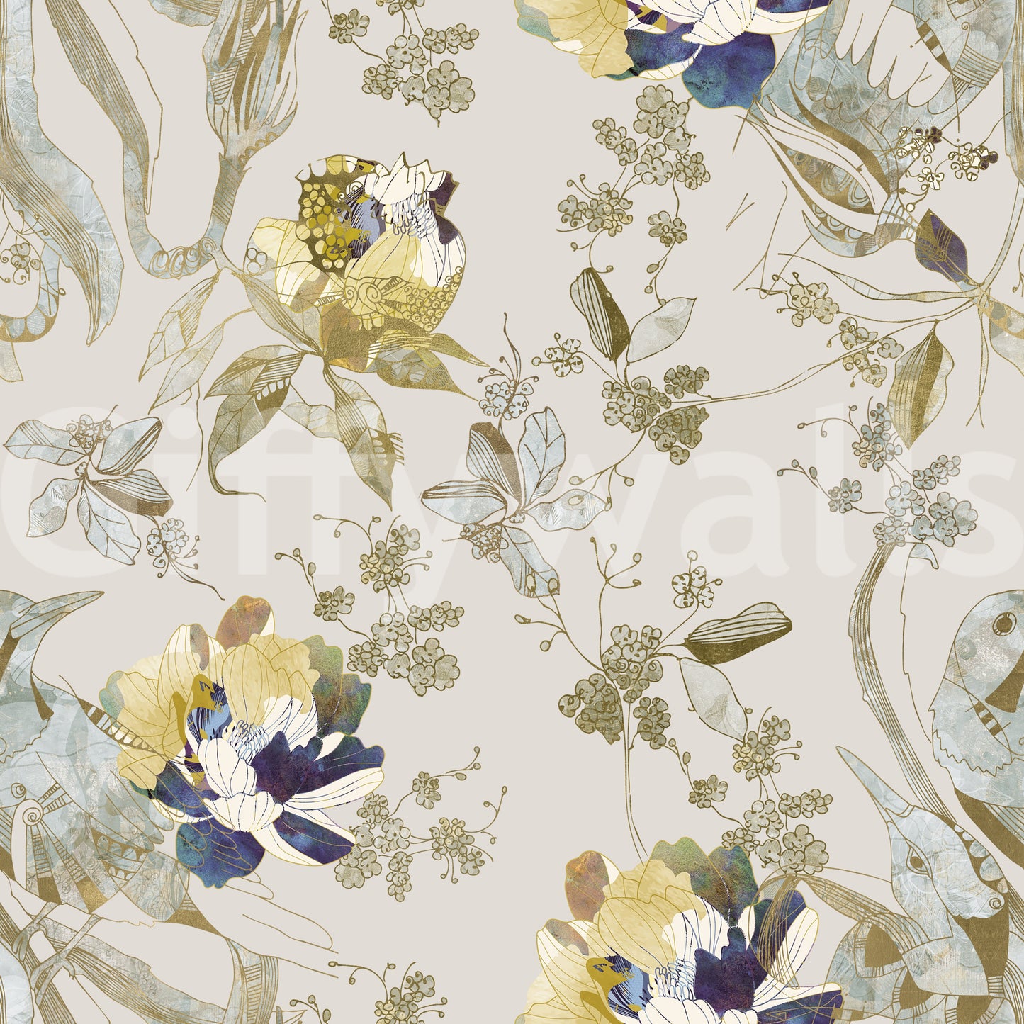 Emerald Green Bird & Floral Wallpaper⁠