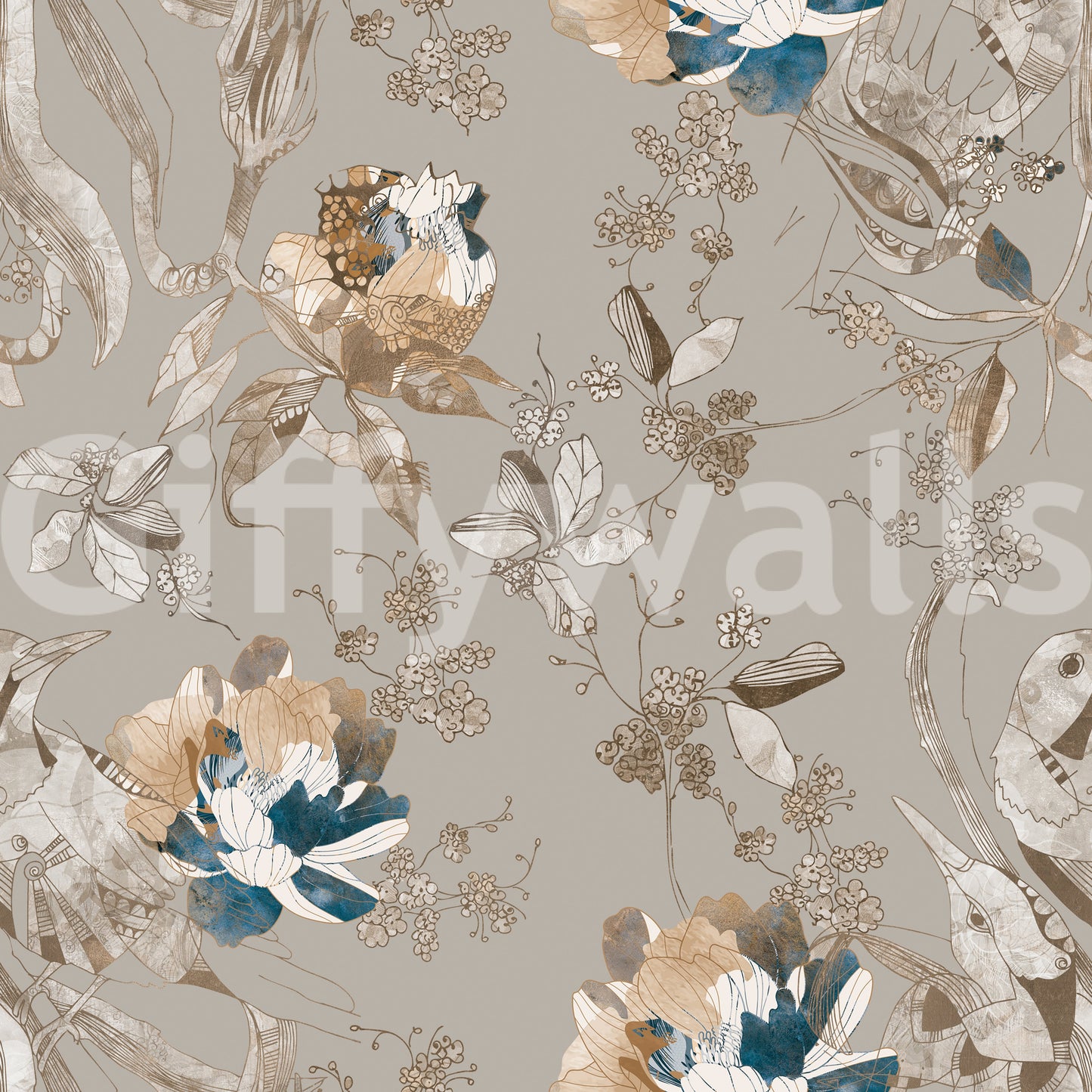Soft taupe floral wallpaper rendered in a vintage, journal-style finish