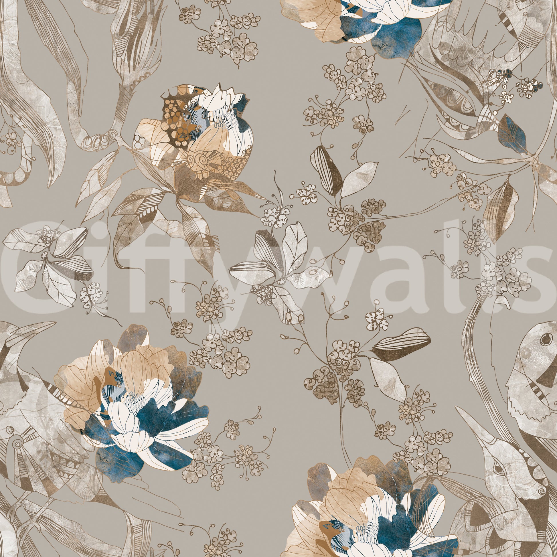 Soft taupe floral wallpaper rendered in a vintage, journal-style finish