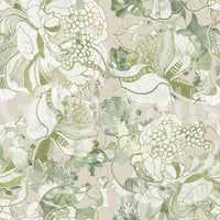 Cream and sage floral wallpaper with subtle metallic gold accents