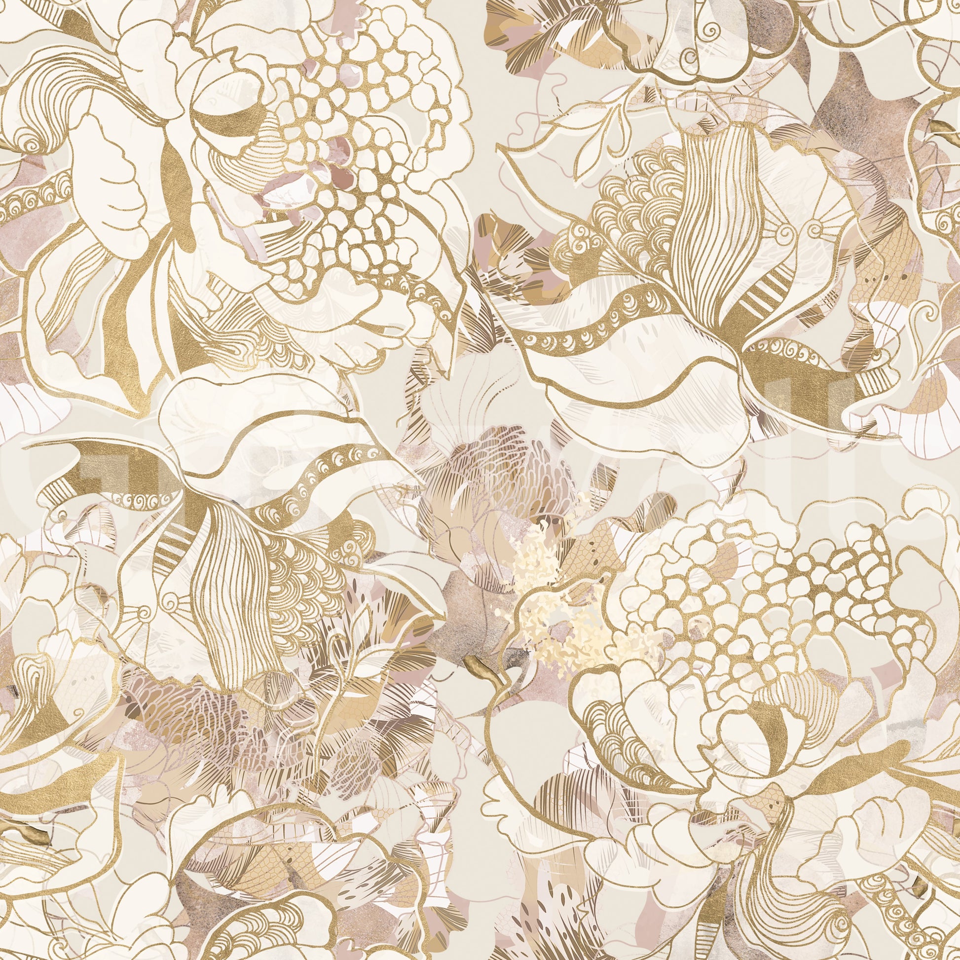 Warm beige base holds golden petal outlines across Blush Peony wallpaper.