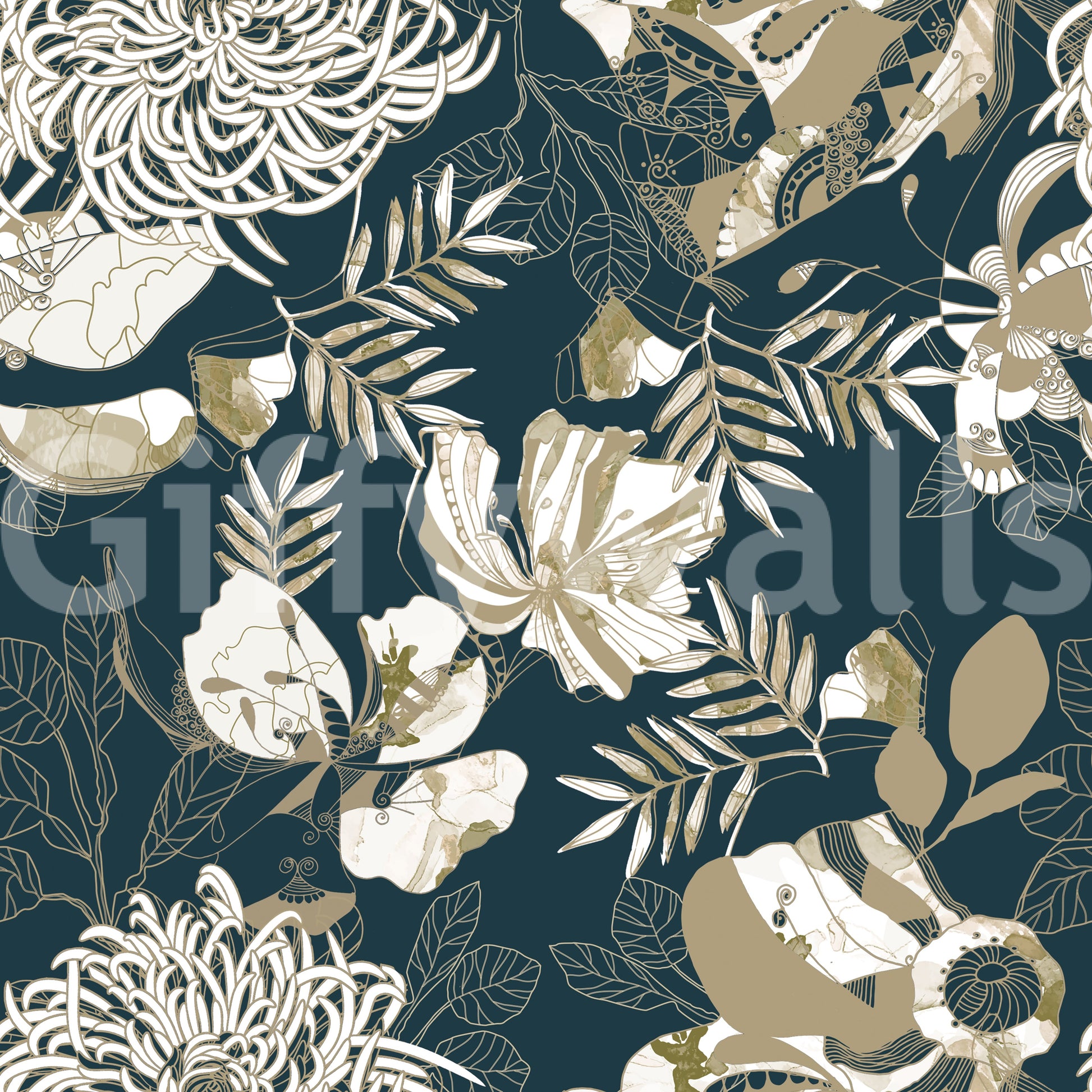 Botanical teal wallpaper with cream blooms and decorative movement