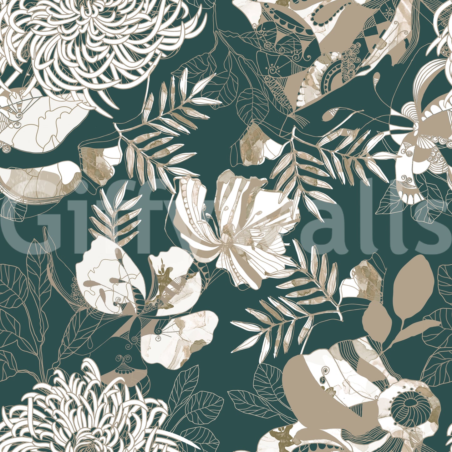 Forest Green Art Deco Floral Wallpaper⁠
