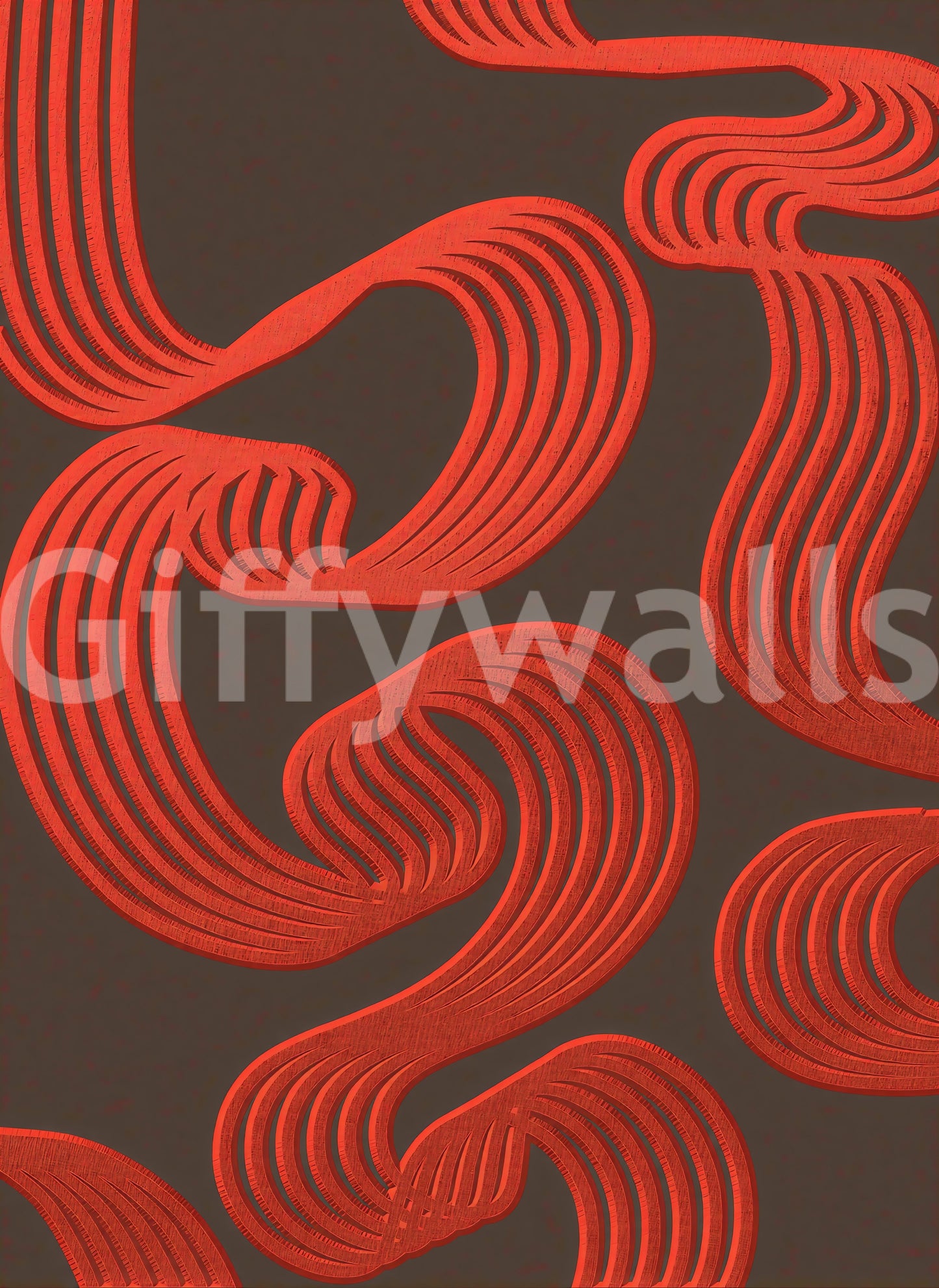 Red curves at close range show striped detail across the Ember Lines wall mural.