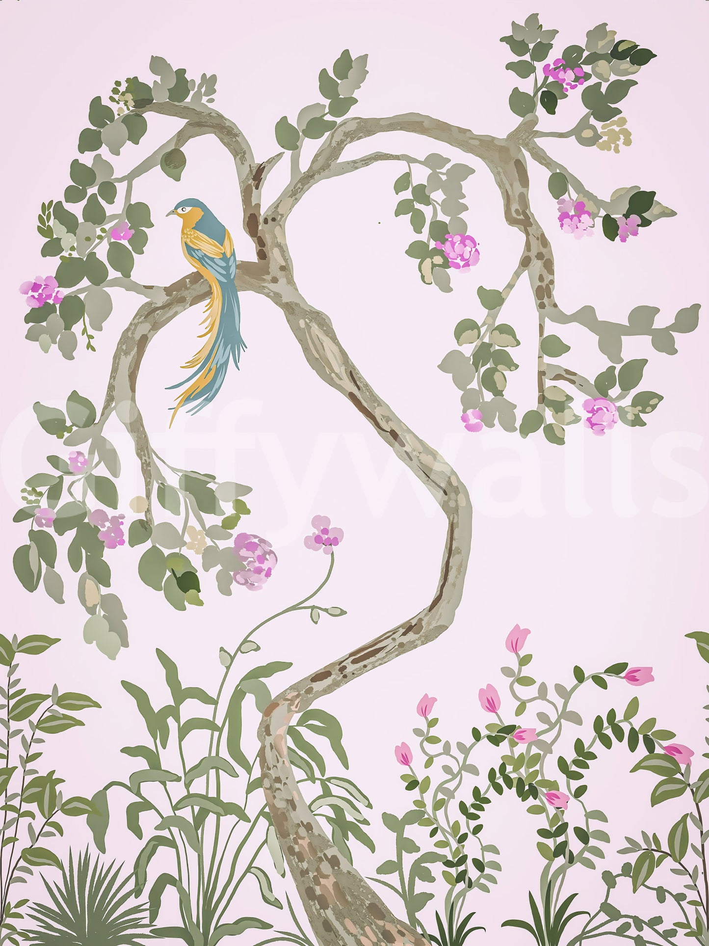 Chinoiserie Garden with Beautiful Birds  Wall Mural