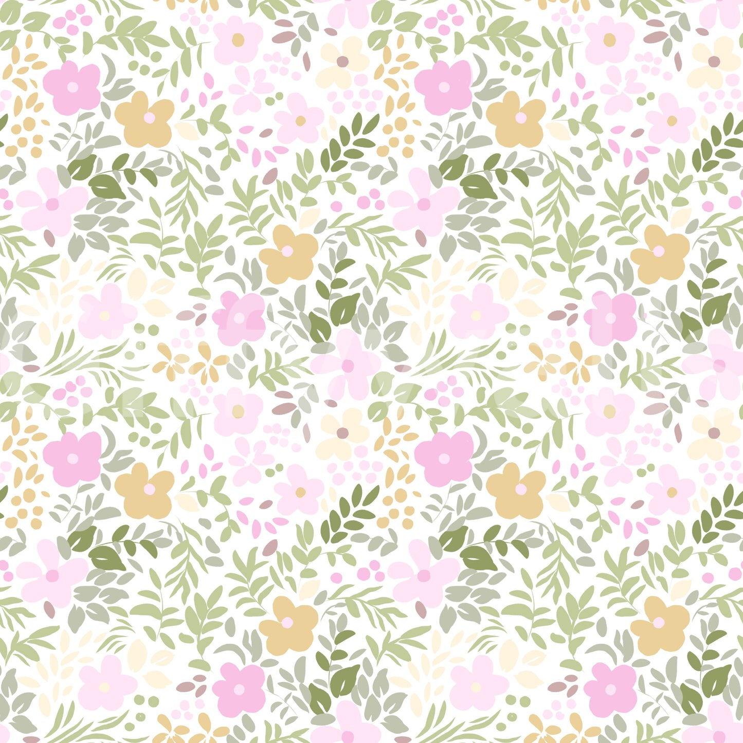 Botanical repeat wallpaper in spring blossom pink, gold, and green palette