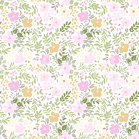 Botanical repeat wallpaper in spring blossom pink, gold, and green palette