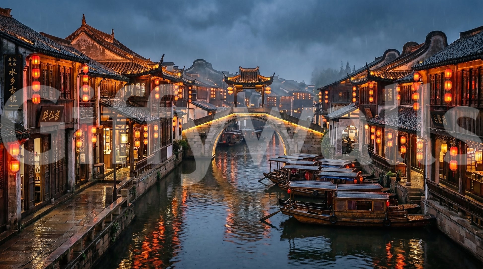 Dusk-blue sky over canal and stone bridge in scenic wall mural