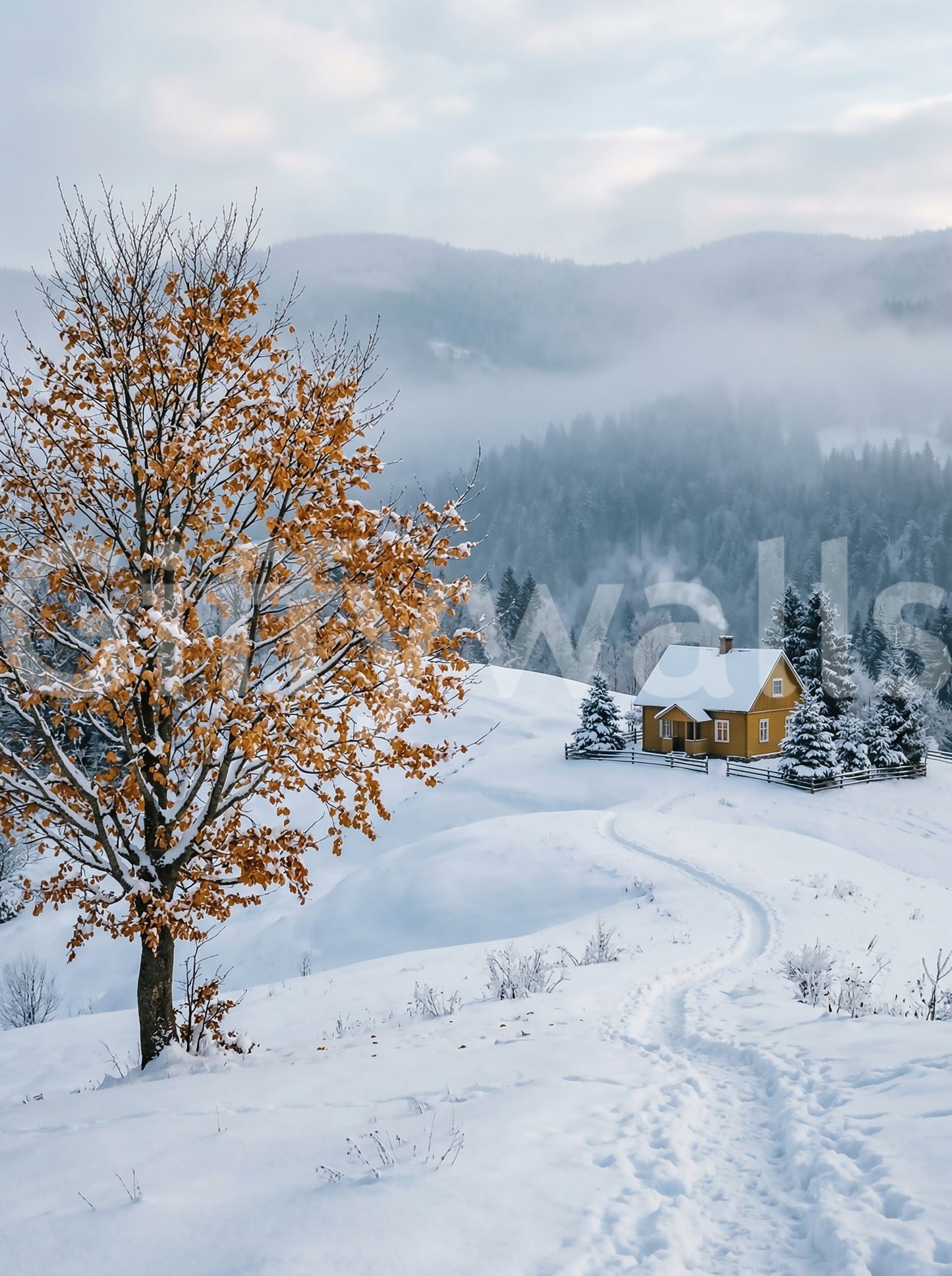 Pale blues and off-whites give this snowy haven wall mural its quiet winter color