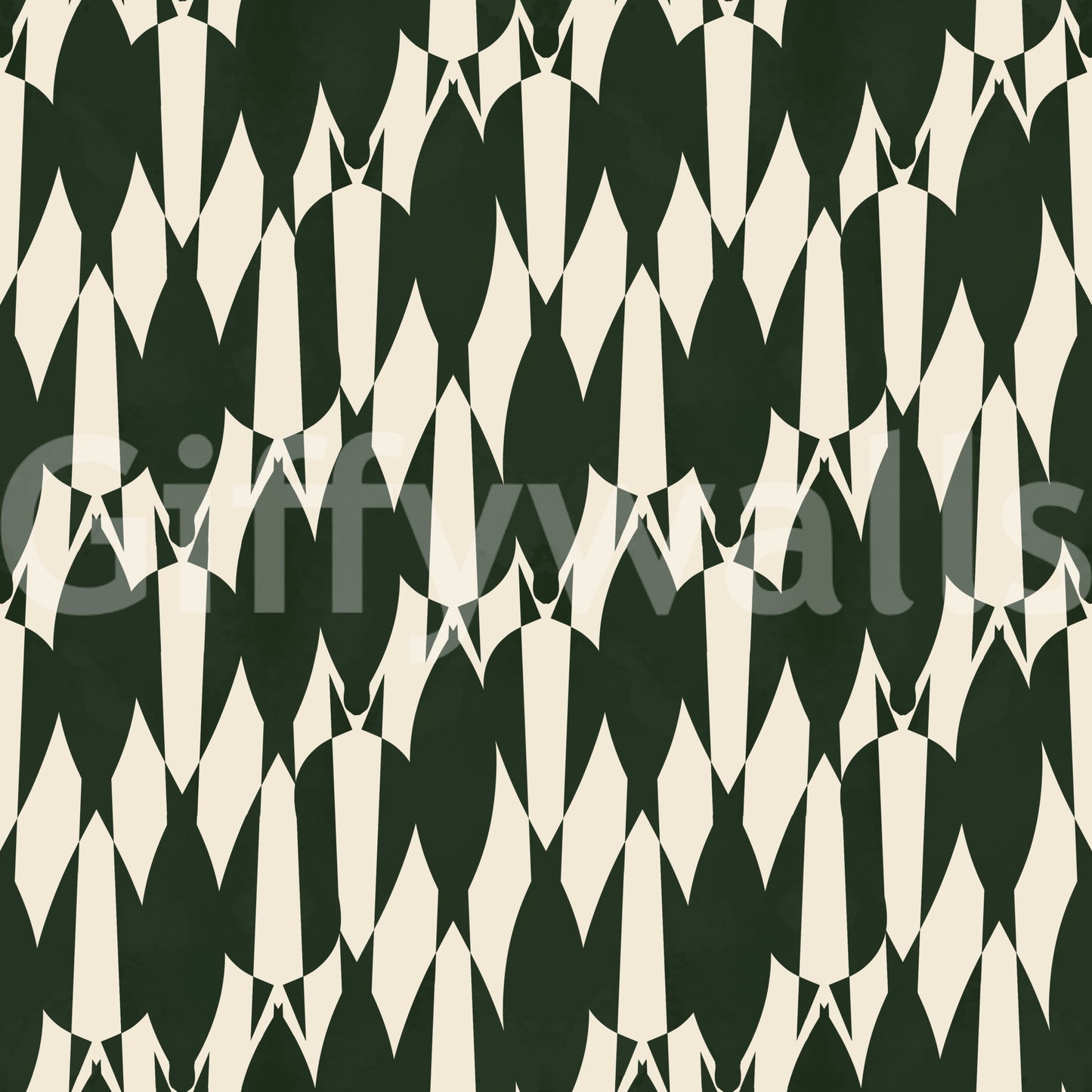Negative cream space frames forest green pointed crests on this wallpaper composition