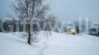 Cool blue-grey palette of the Snowy Path Yellow House wall mural close up
