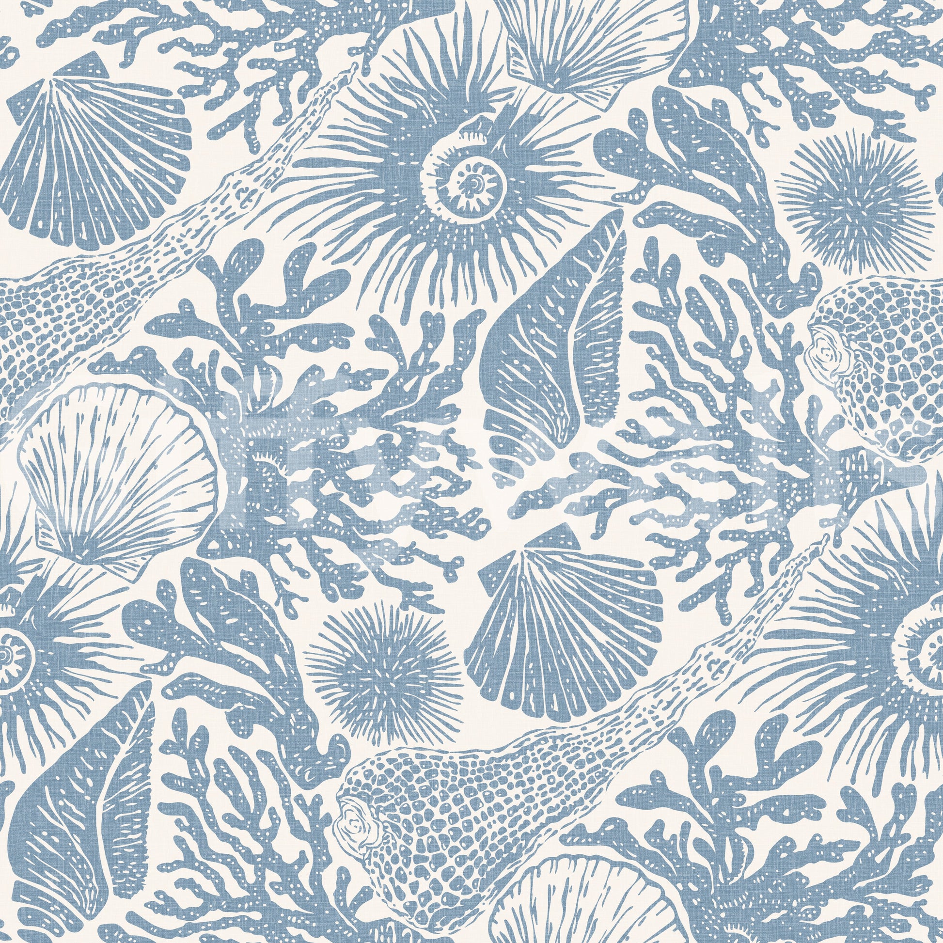 Blue illustration-style ocean motifs covering the boho seashell wallpaper