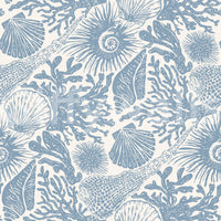 Blue illustration-style ocean motifs covering the boho seashell wallpaper