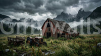 Mist-wrapped pine forest framing the valley on Rustic Thunder wall mural
