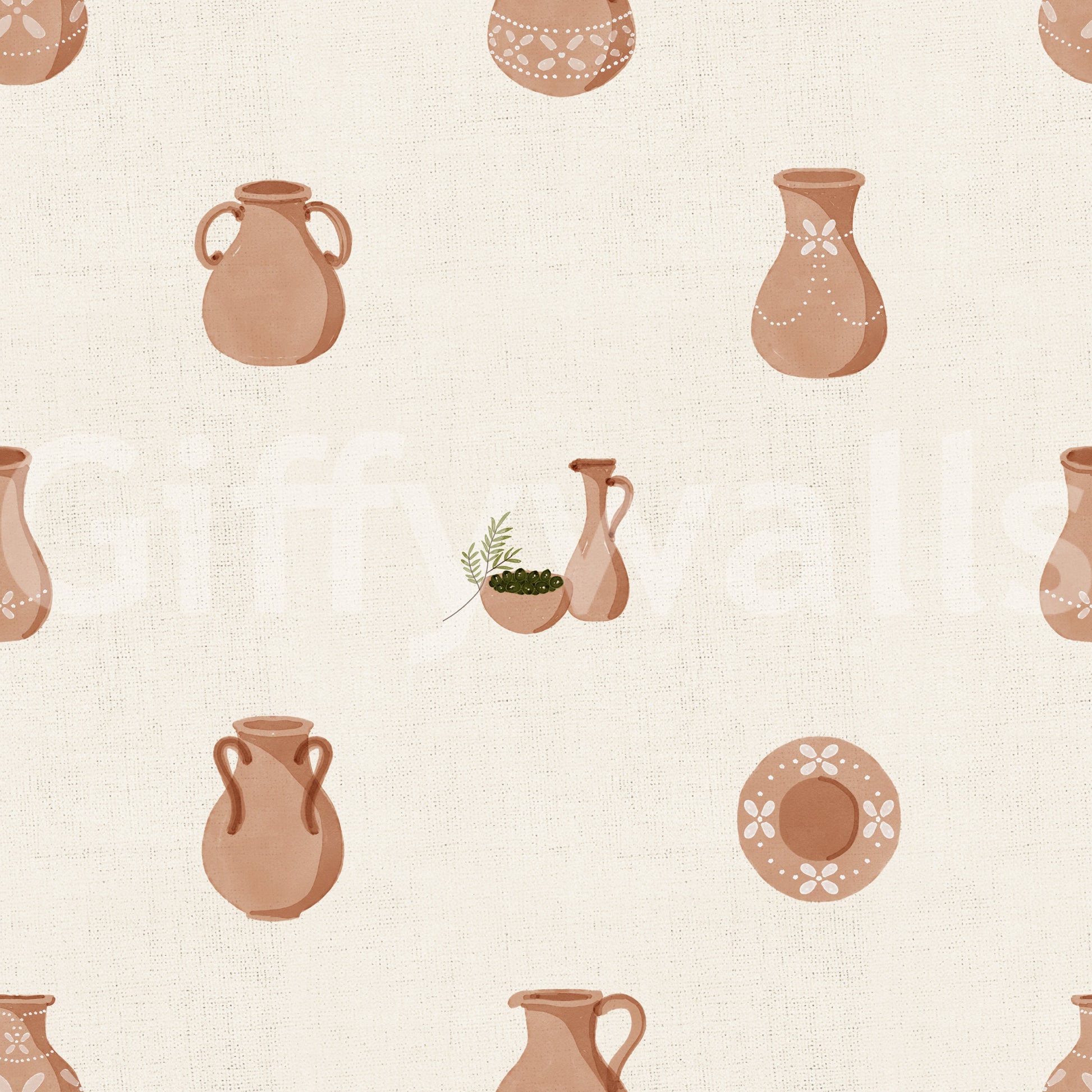 Folk-style motifs anchor the rhythm of Tuscany Pottery canvas wallpaper.