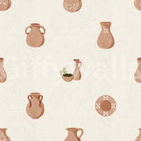 Folk-style motifs anchor the rhythm of Tuscany Pottery canvas wallpaper.