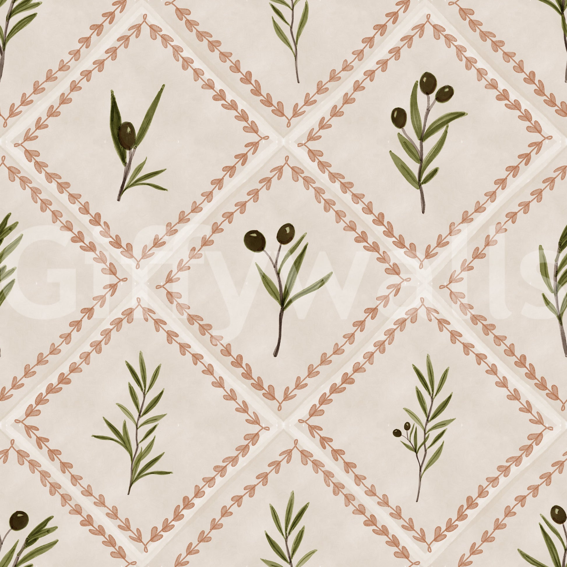 Olive fruit dots and leaf veins finish the painted detail of this Tuscany wallpaper