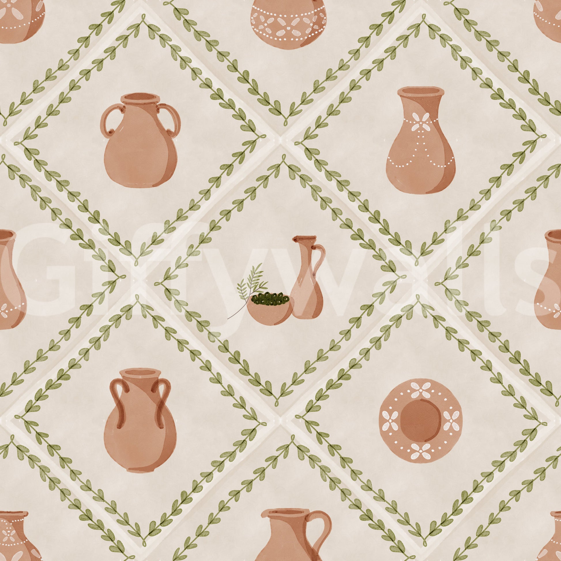 Warm terracotta meets pale cream in the Tuscan pottery tile wallpaper grid.