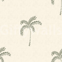 A light sage palette gives this palm oasis wallpaper its airy look