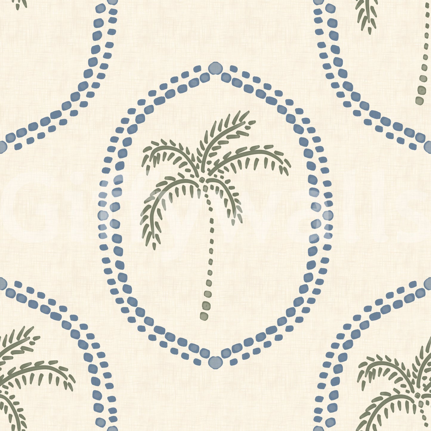 Cool blue and gentle olive meet on the Beachy Boho Palm wallpaper