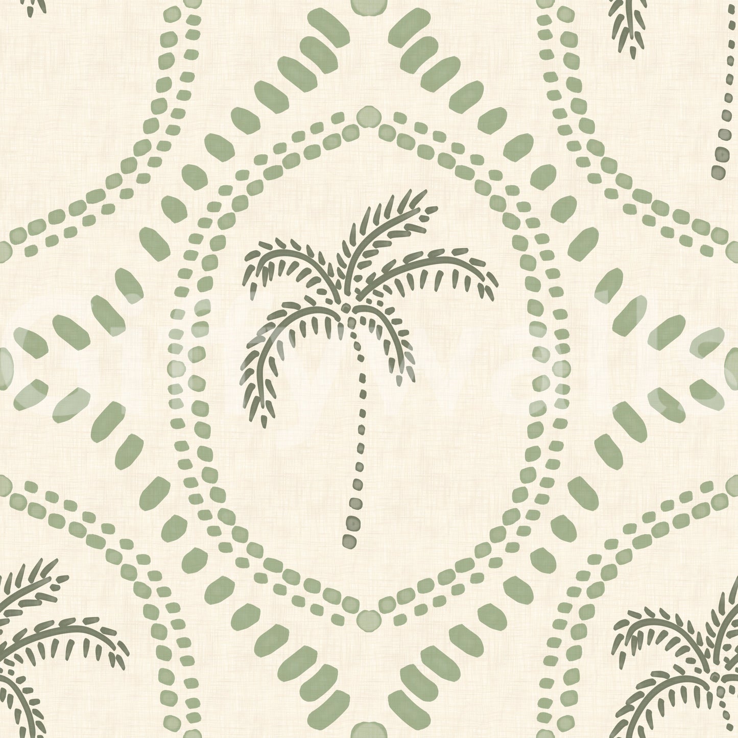 Linked bead frames define this beachy boho coastal green wallpaper