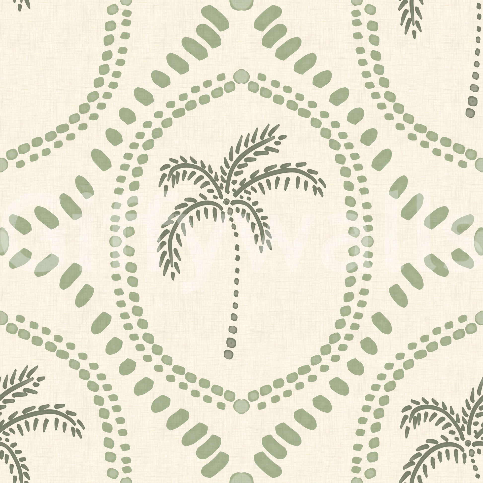 Linked bead frames define this beachy boho coastal green wallpaper