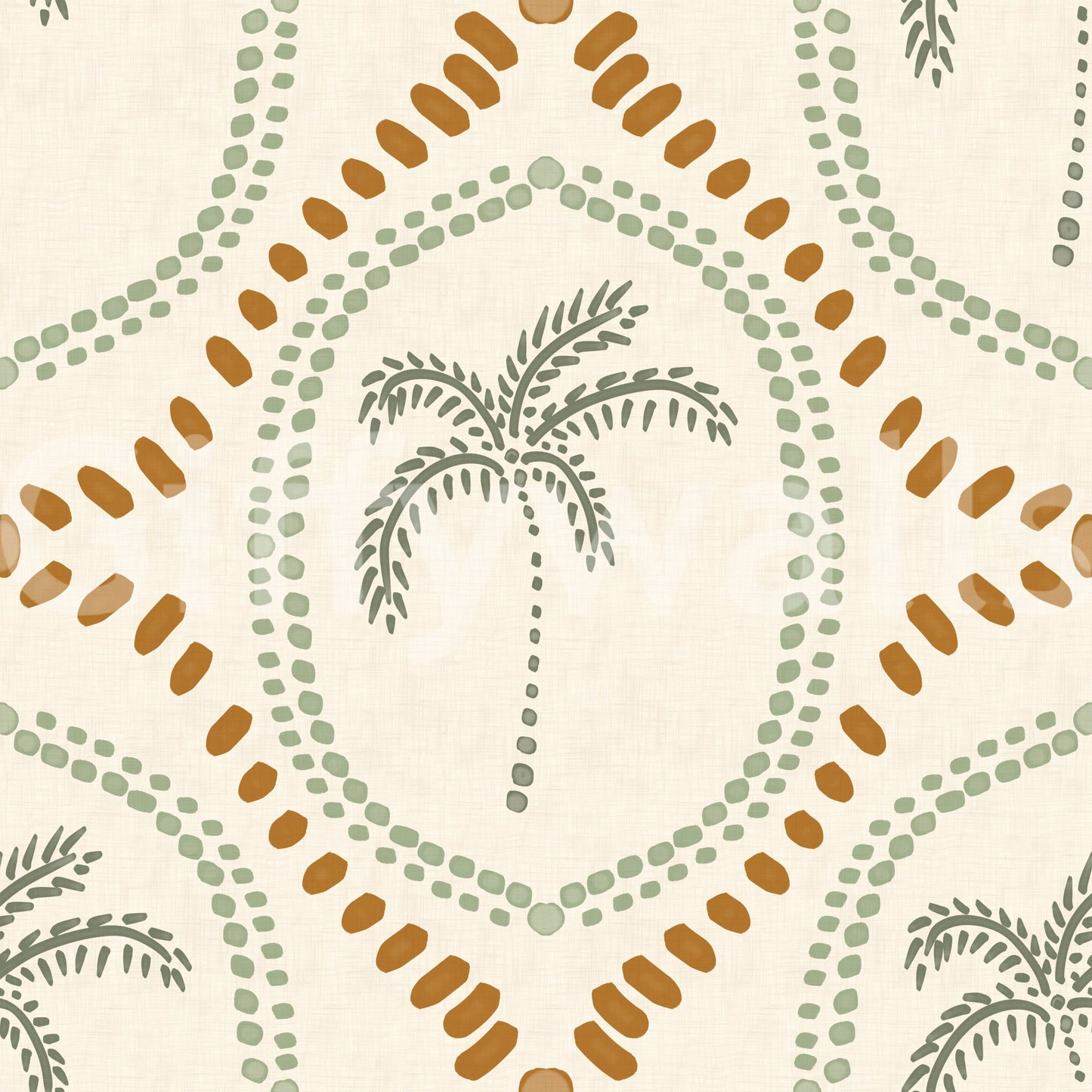 Beachy Boho Palm Oasis Costal Green & Golden Wallpaper⁠