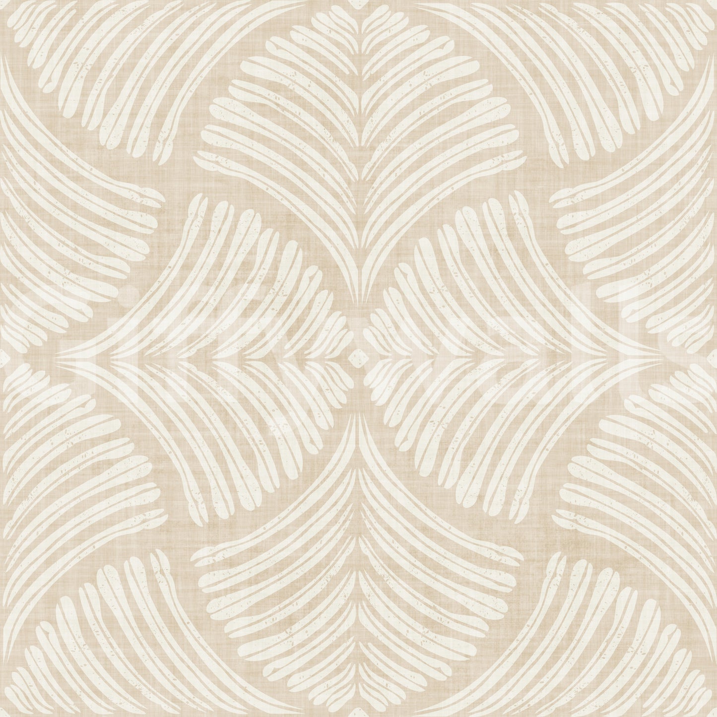 Four-way scallop fans build the pattern on this Japandi cream wallpaper.