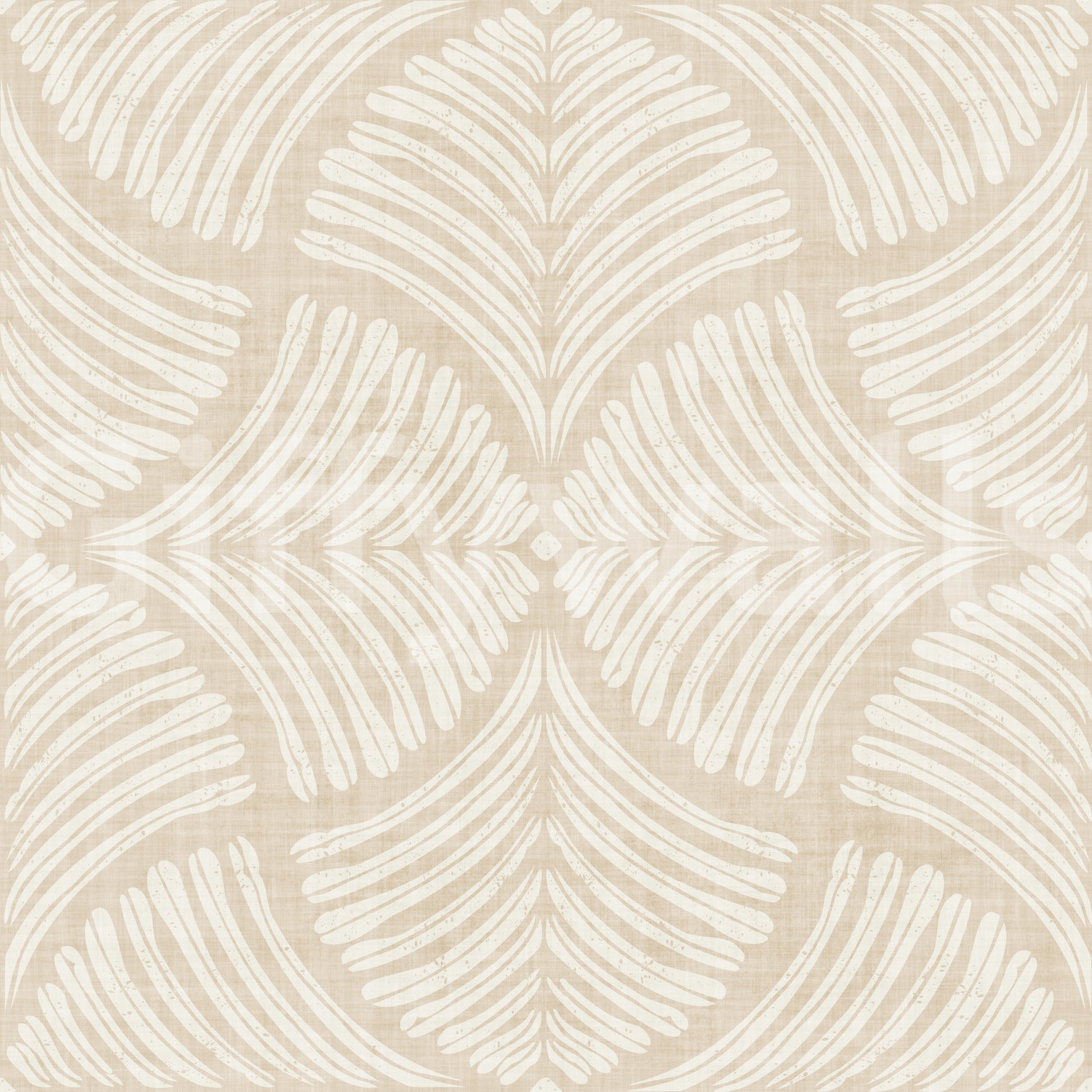 Four-way scallop fans build the pattern on this Japandi cream wallpaper.