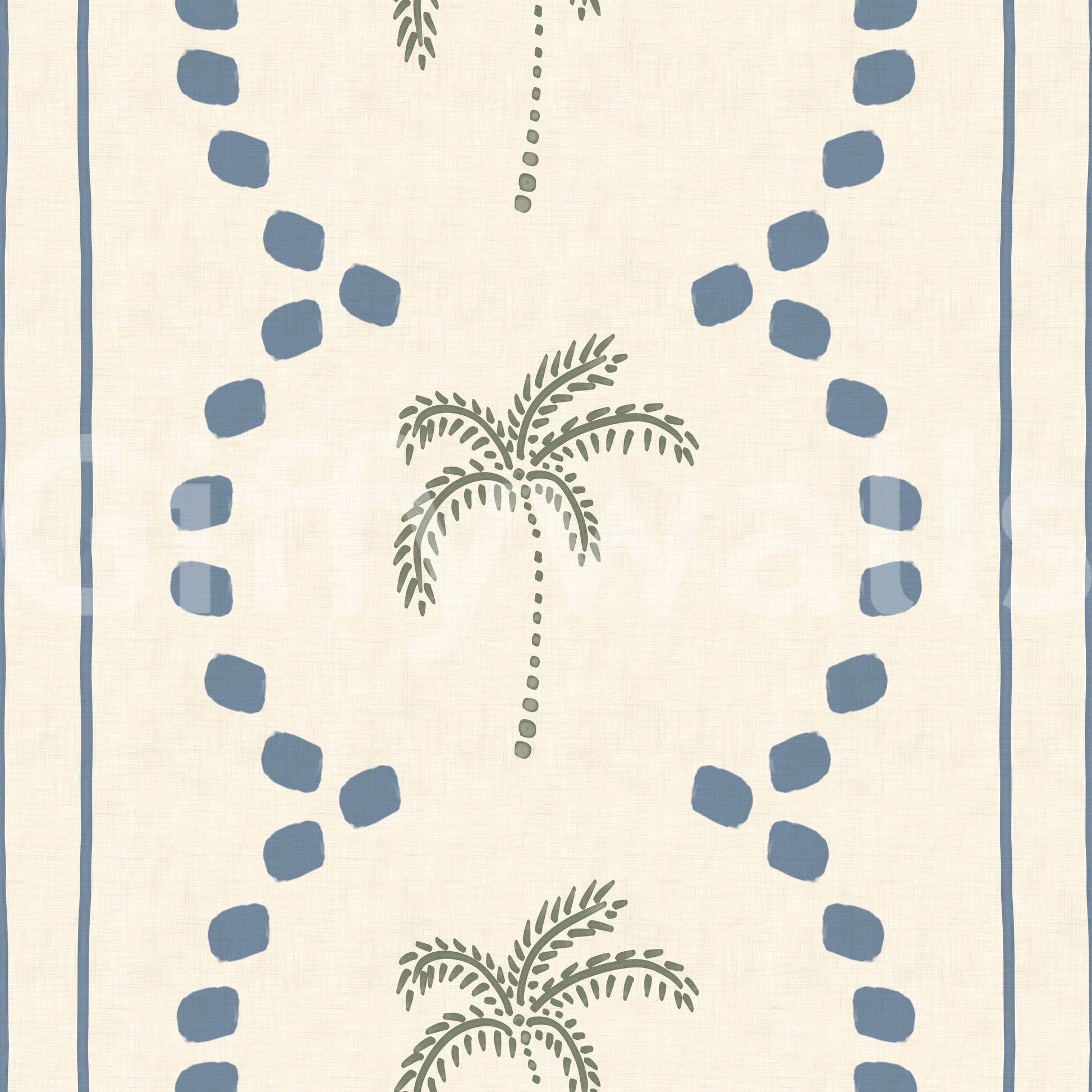 Blue patterns flowing across the Tropical Palm Deco Stripes Slate Blue Wallpaper.