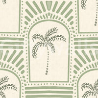 Pale green and cream tones throughout a tropical palm tree wallpaper.