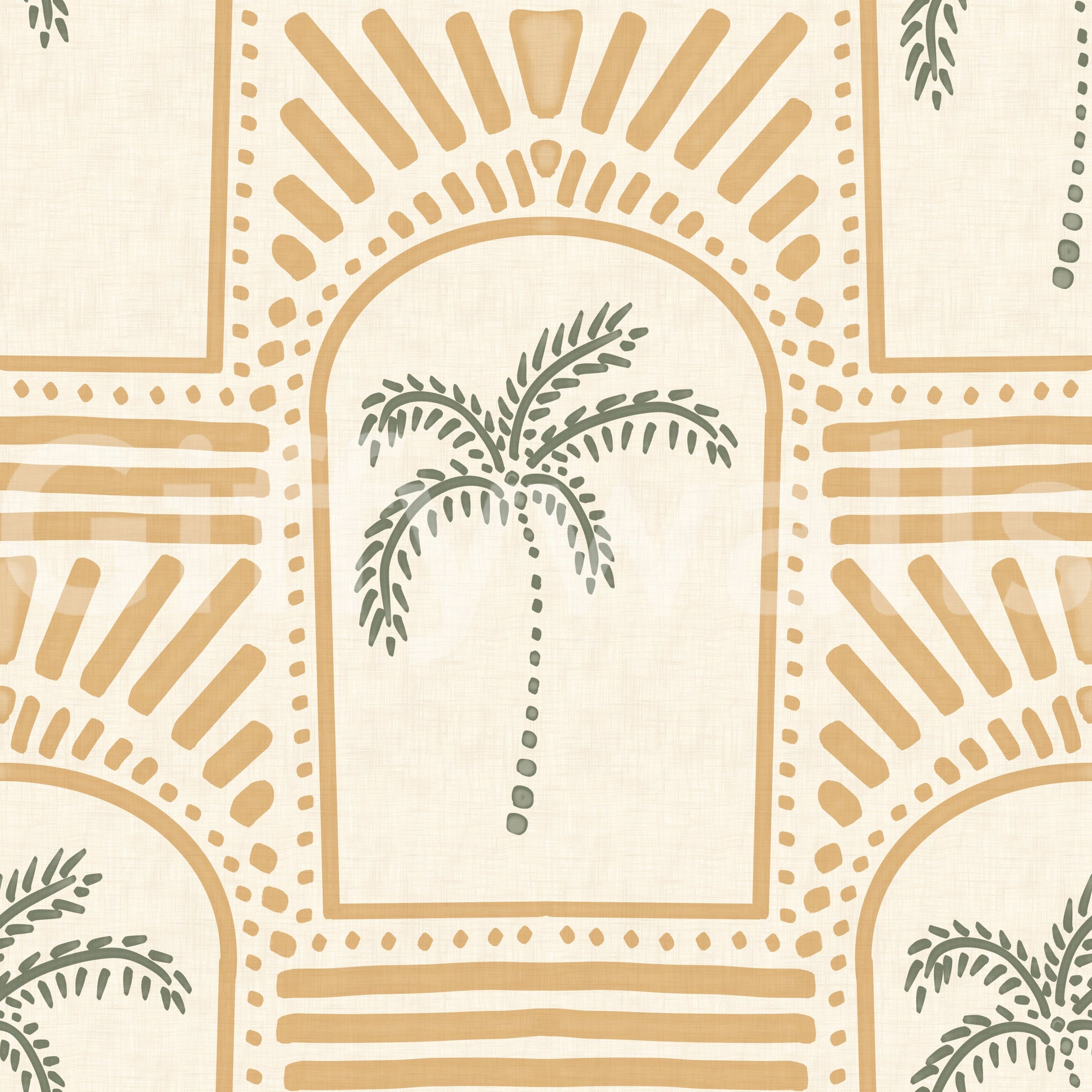 Warm mustard hues stand out on the tropical palm art deco archways wallpaper.