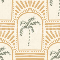 Warm mustard hues stand out on the tropical palm art deco archways wallpaper.