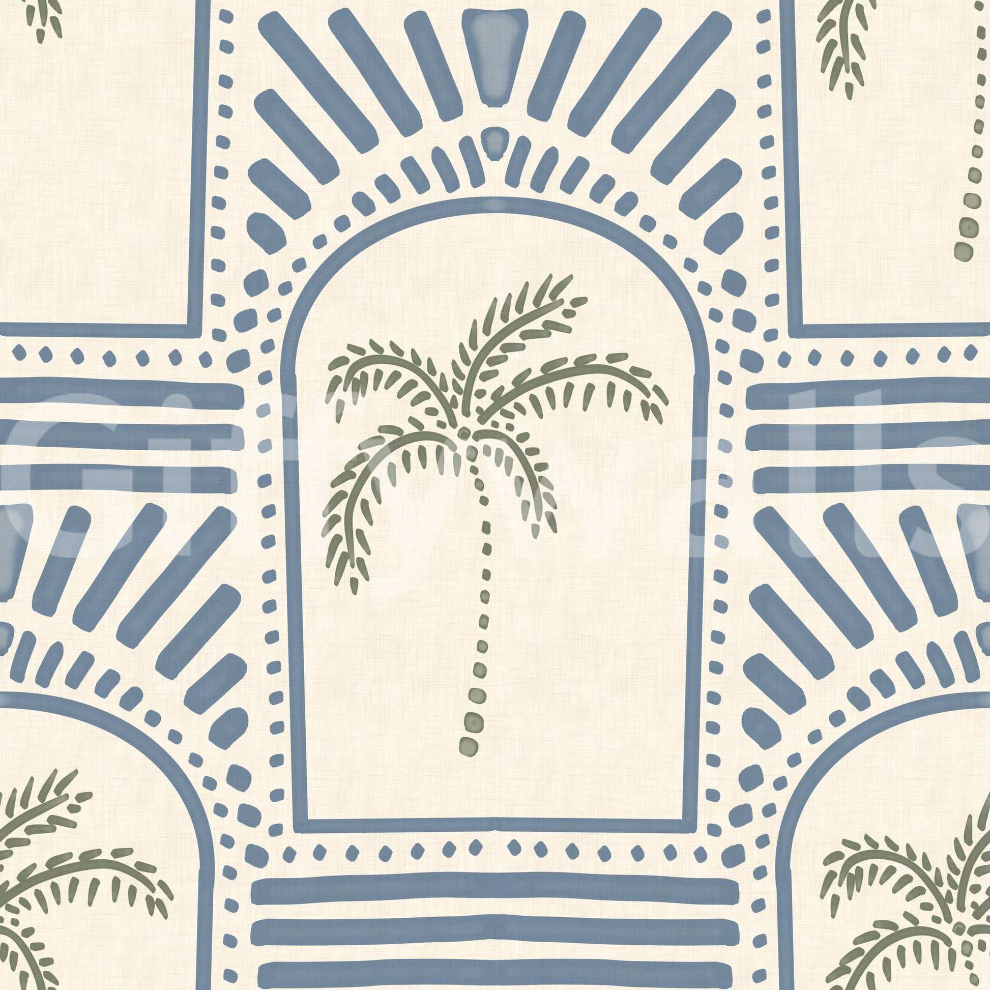 Blue linework forms the geometric archways on this palm wallpaper.