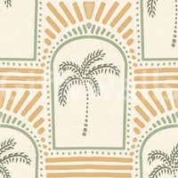 Warm sand outlines and green trees blending gracefully on a classic Art Deco Archways wallpaper.